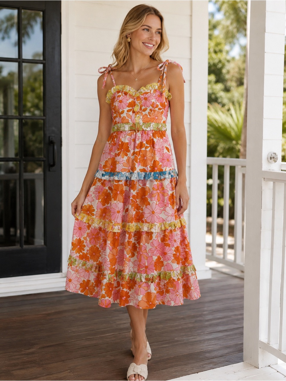 CELIA B Dalia Tiered Midi Maxi Dress Bloom Floral Print Size XS
